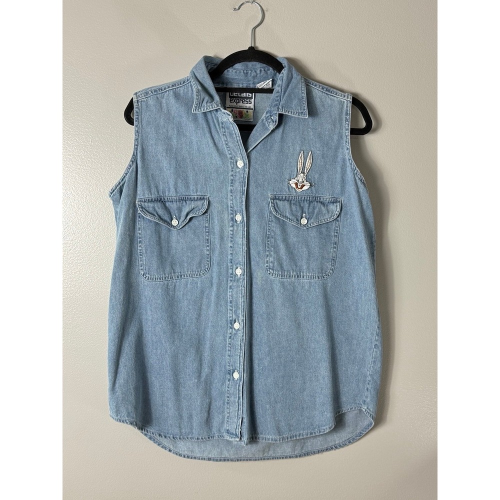 Vintage Looney Tunes Sleeveless Denim Shirt - Details Express Bugs Bunny Denim M